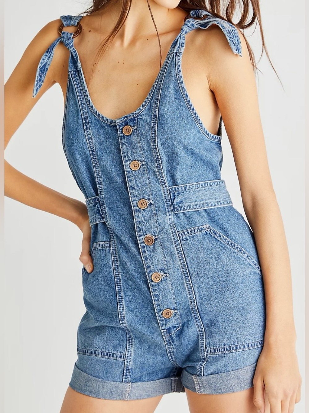 Free People Memphis Heavenly Blue Tie-Strap Romper Shortalls Short Overalls NWT